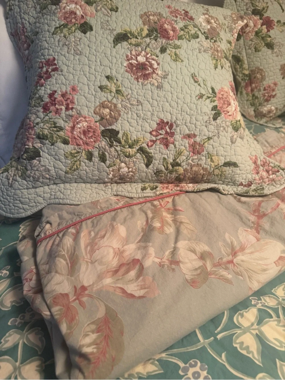 Floral Pastel Duvet Cover on a Light Moss Background with Pink-Coral Piping